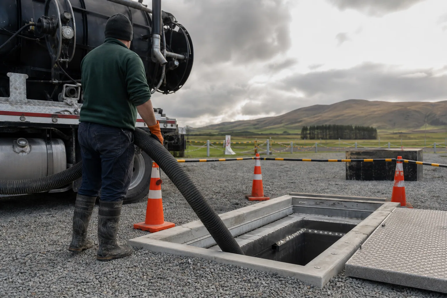 Underground holding pit waste extraction in southern New Zealand
